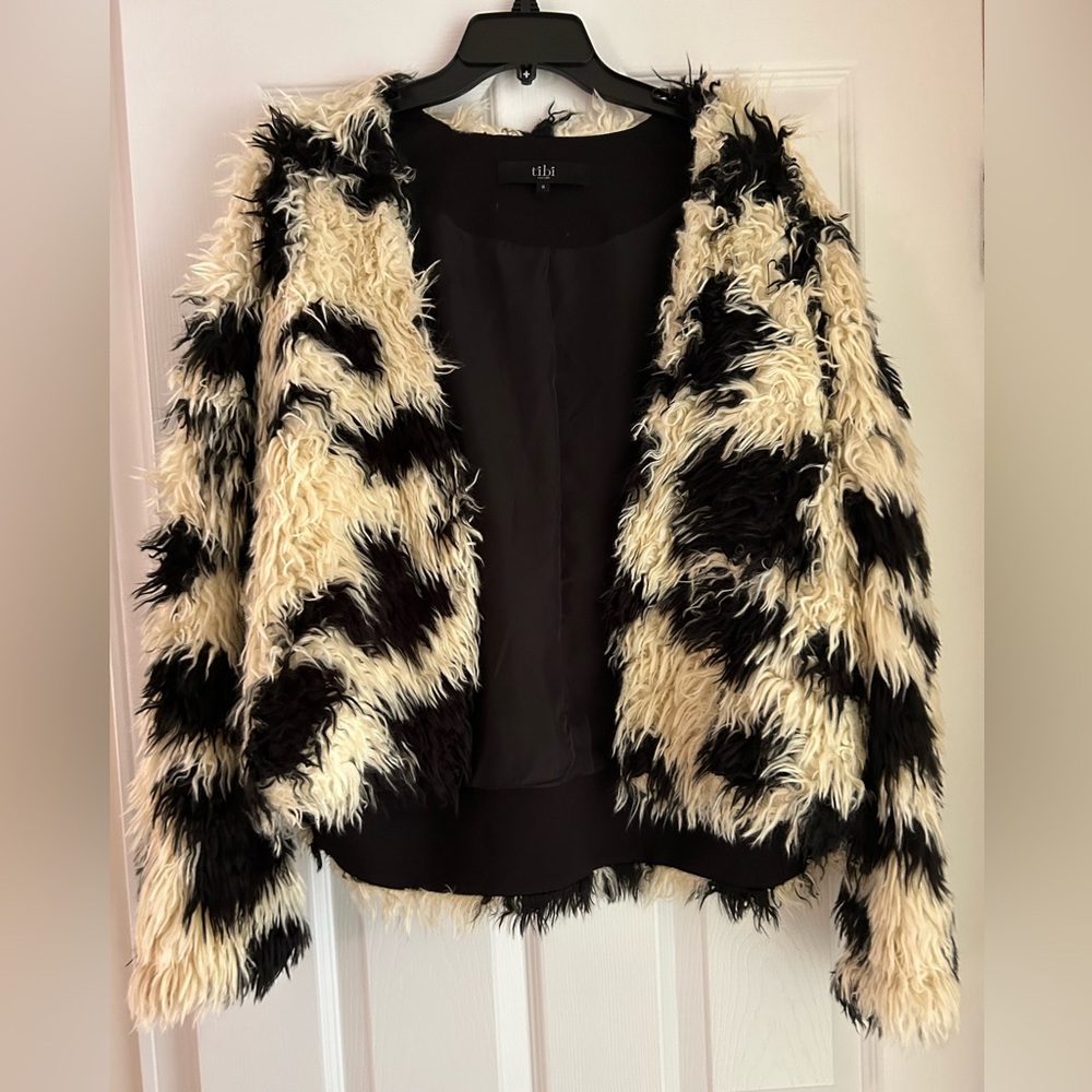 Tibi Black and Cream Fur Jacket